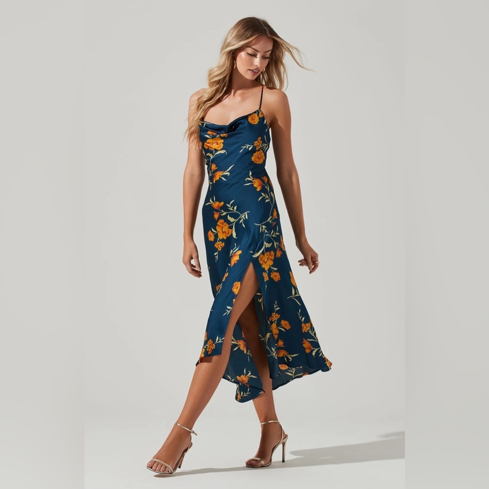 ASTR Gaia Floral Midi Dress in Dark Teal-Gold Floral